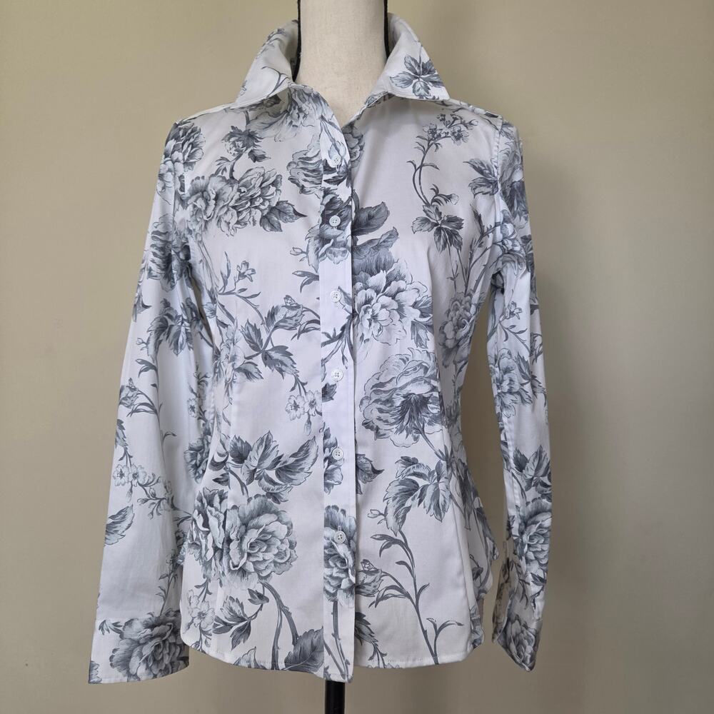 NWT Talbots 10P Button-Front Long Sleeve Stretch Gray Floral Blouse Top